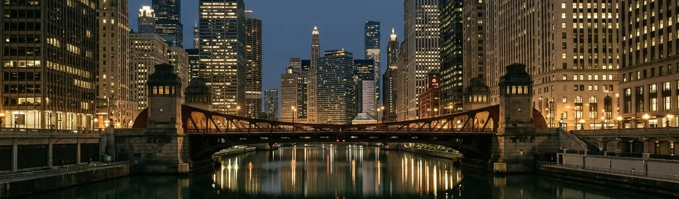 A city river under lit bridges at blue hour