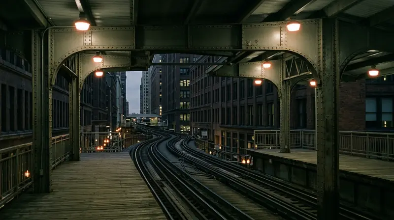 An empty elevated train platform at dusk