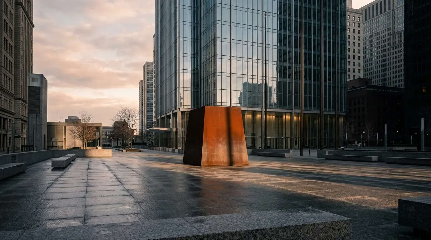An empty civic plaza in early morning light