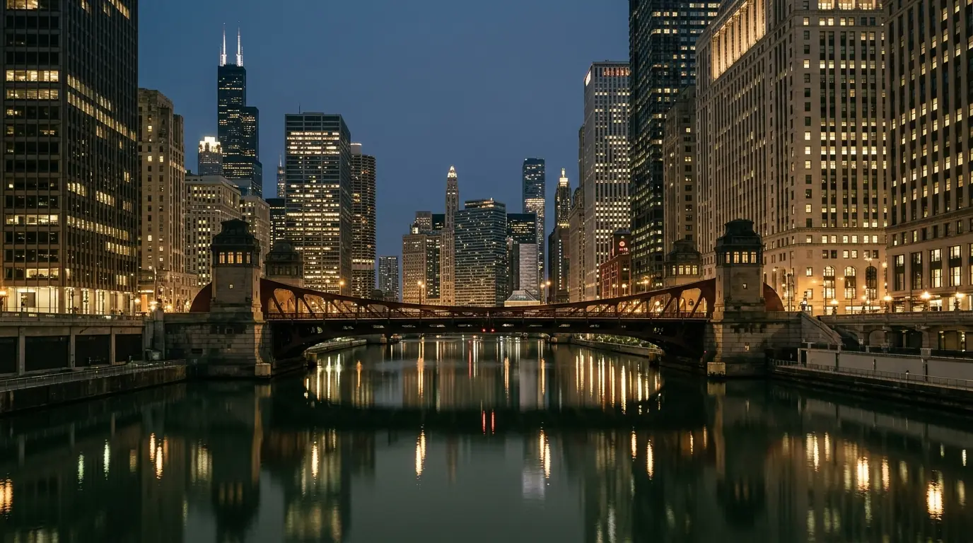 A city river under lit bridges at blue hour