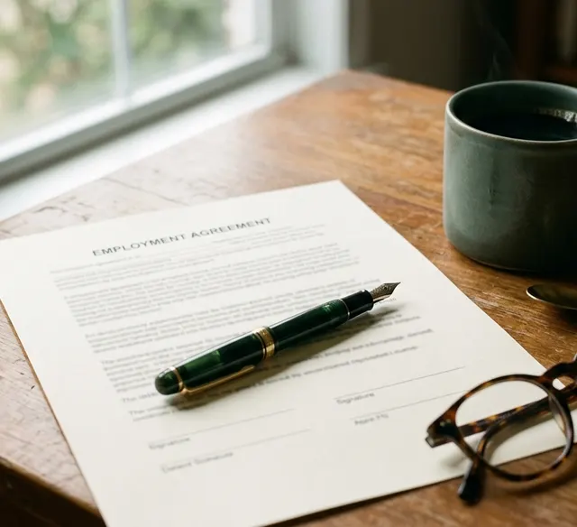 An employment agreement and a fountain pen resting on a desk