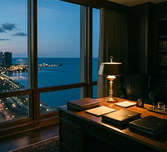 A quiet law office at dusk with a window over the lake