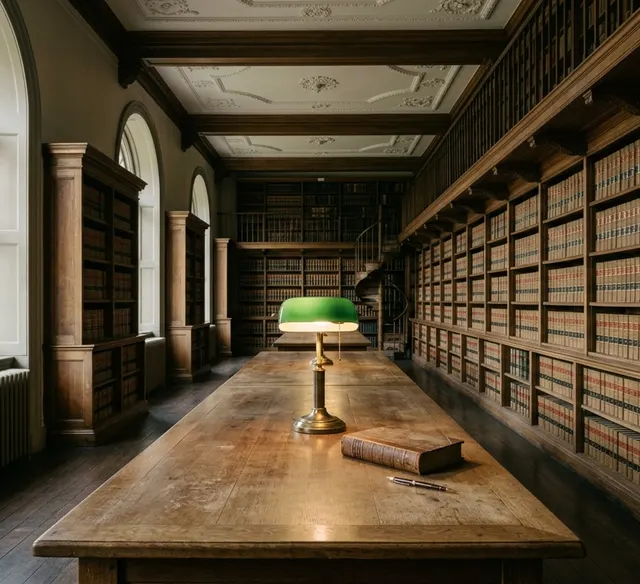 A law library reading room with a green shaded lamp on an oak table