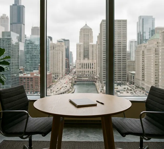 A small office meeting table with a notepad by a window over the city