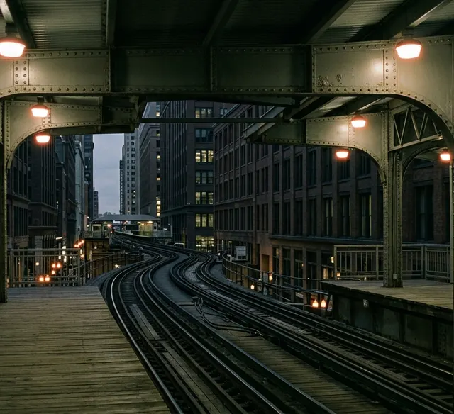 An empty elevated train platform at dusk