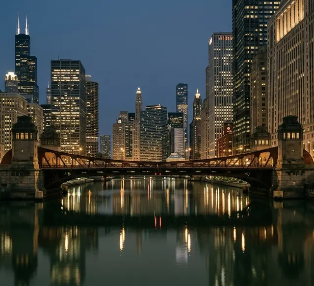 A city river under lit bridges at blue hour