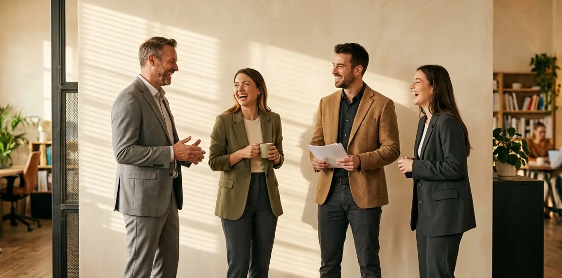 Colleagues talking in a sunlit office