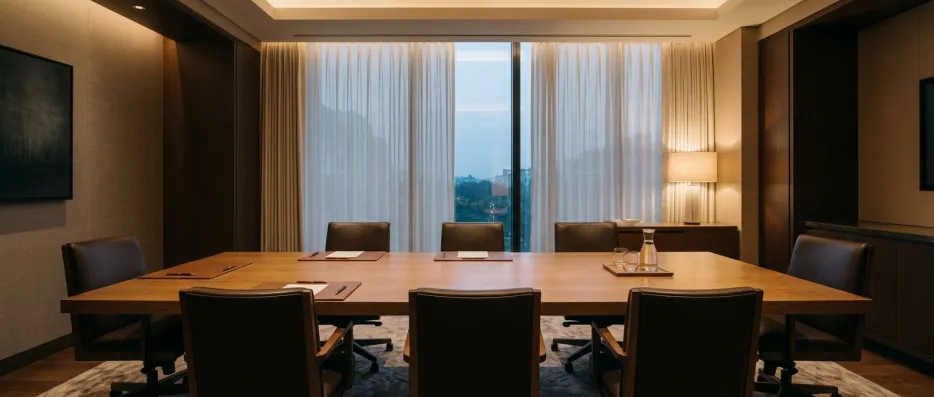 Empty boardroom with an oak table and warm lamp light