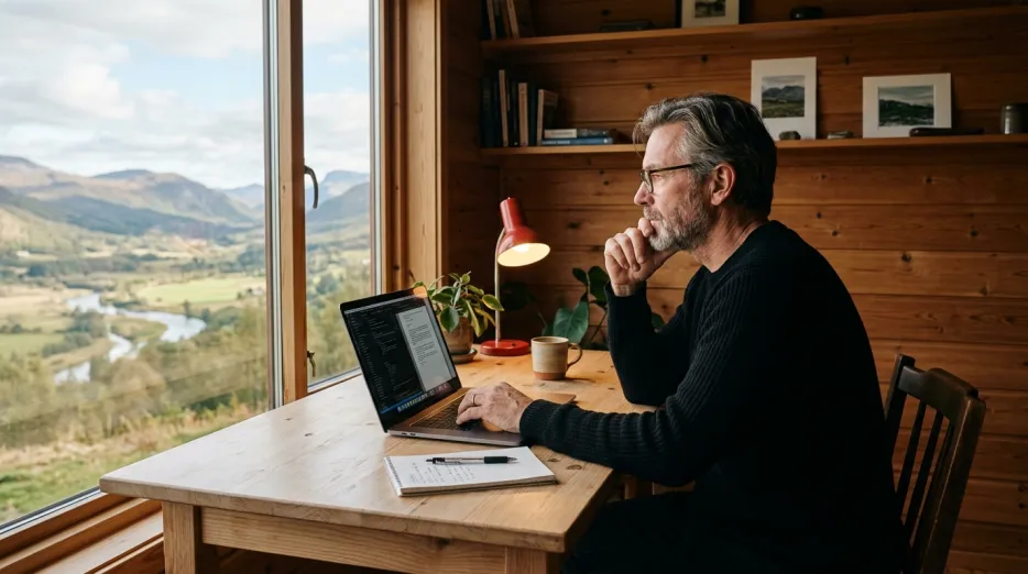 Attorney working at a laptop beside a red desk lamp