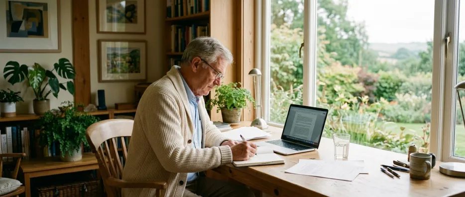 Attorney writing notes beside an open laptop at a bright desk
