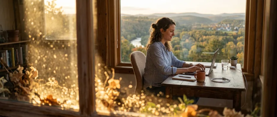 Attorney reviewing files on a laptop in a sunlit office