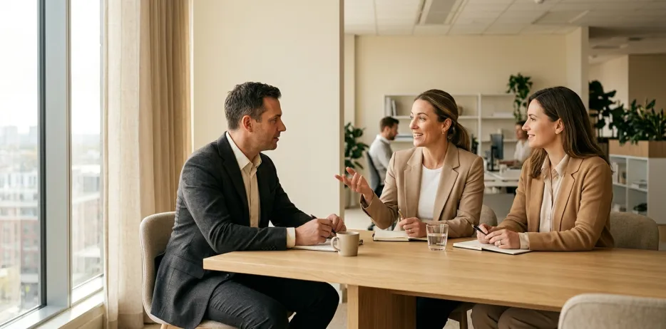 Three colleagues in conversation around a table in a bright office