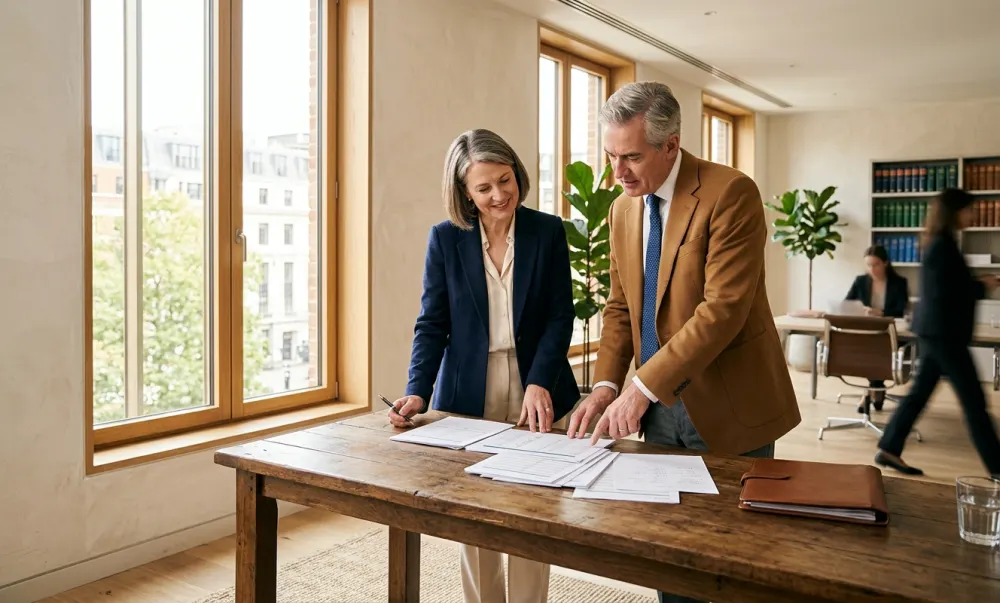 A general counsel and a partner reviewing a printed schedule at a tall oak desk