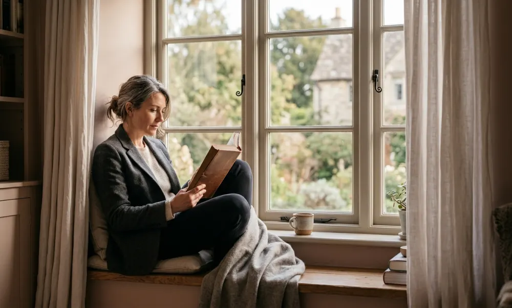 A woman in a charcoal blazer reading a bound document on a window seat