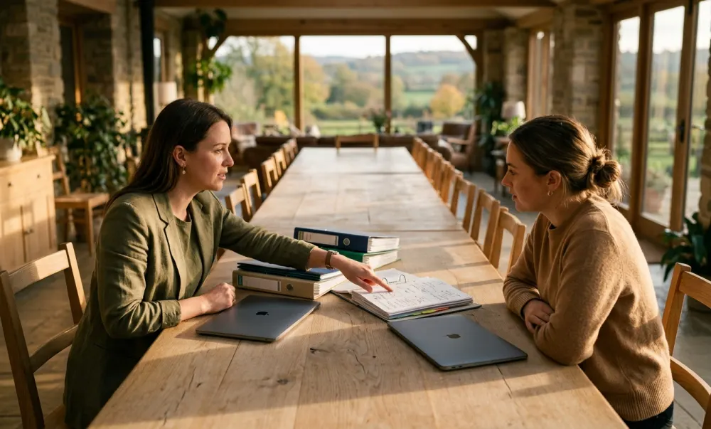 Two colleagues at a long oak table with binders, one pointing at a page