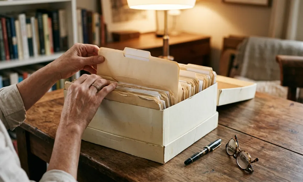 Hands filing manila folders into a pale archive box on a walnut table