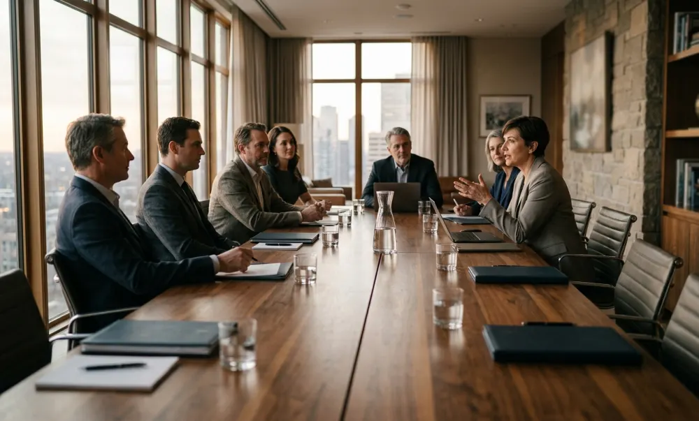 A small board meeting seen from the end of a long table in warm daylight