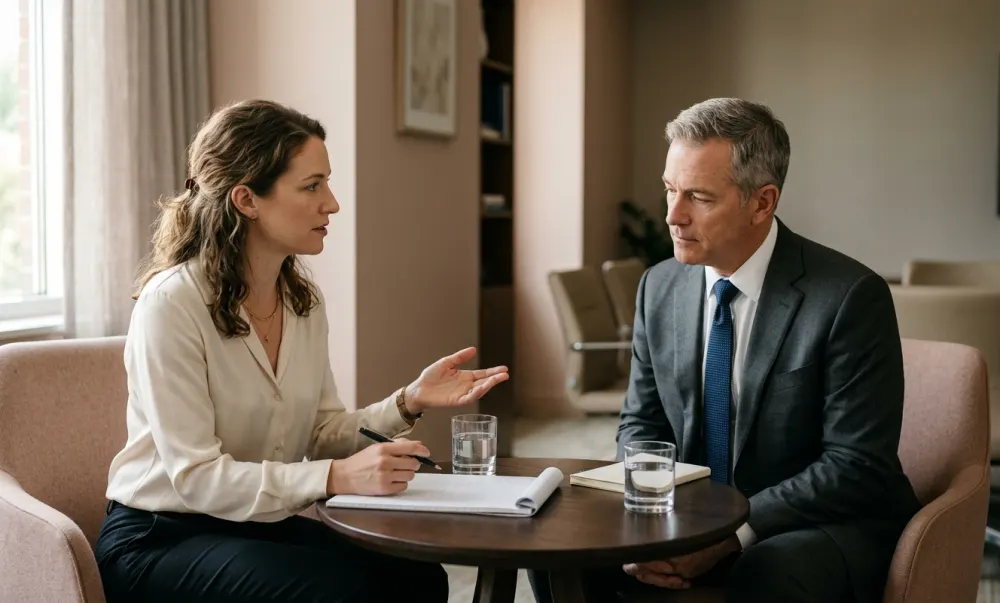 An attorney coaching a man in a grey suit across a small round table