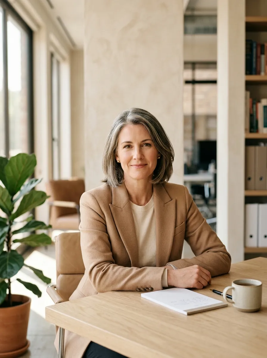 Attorney in a camel blazer seated at a bright office table