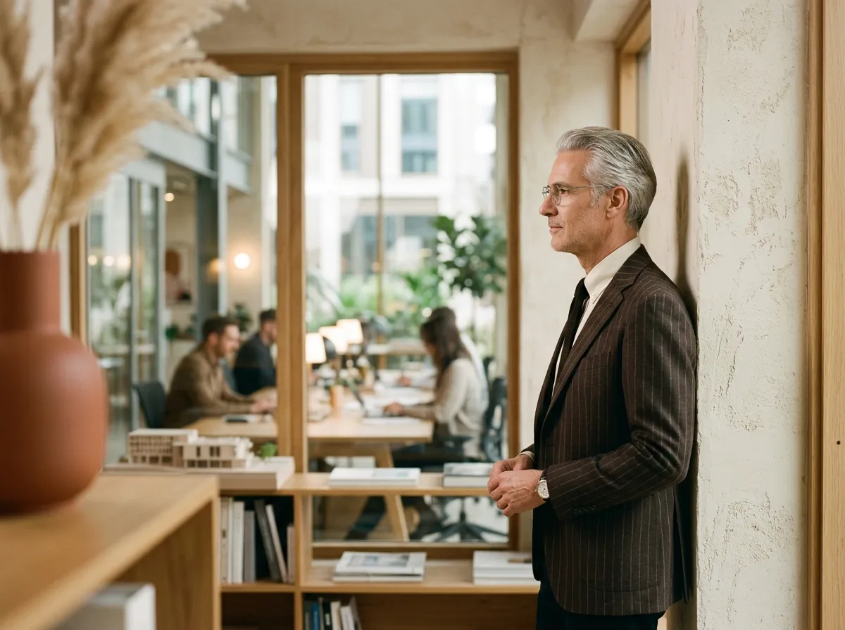 Senior attorney in a brown pinstripe jacket standing beside a pale office wall
