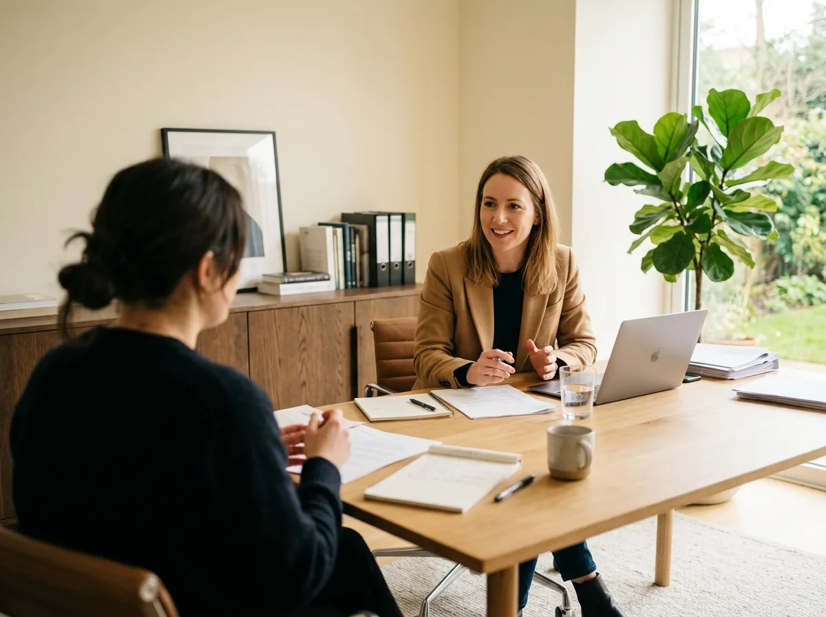 Two colleagues talking across a sunlit meeting table