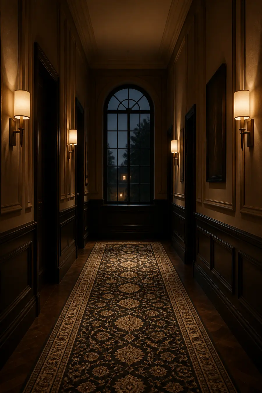 Lamplit corridor with a patterned runner and an arched window at the end