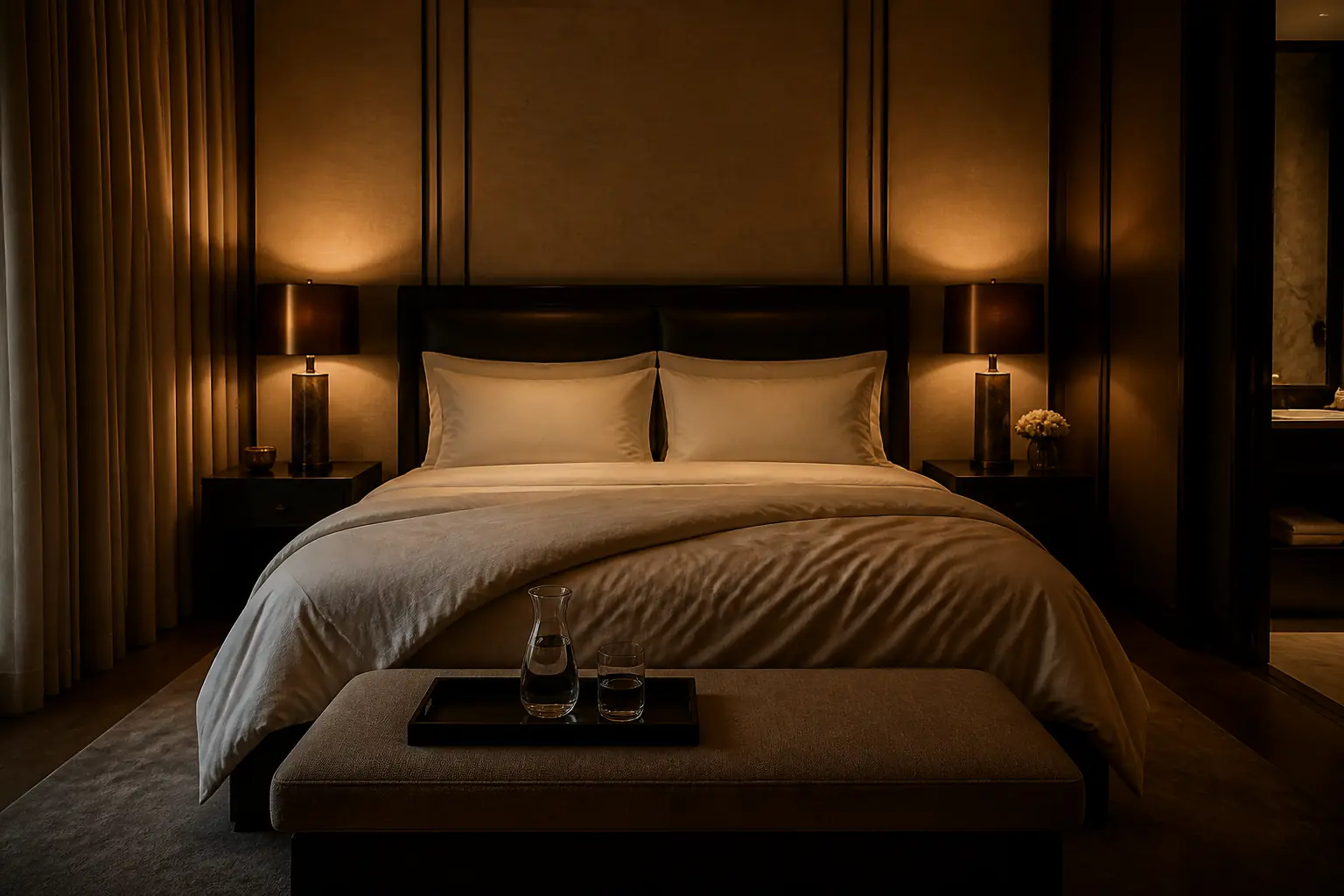 Turned down bed with two bronze lamps lit in the evening