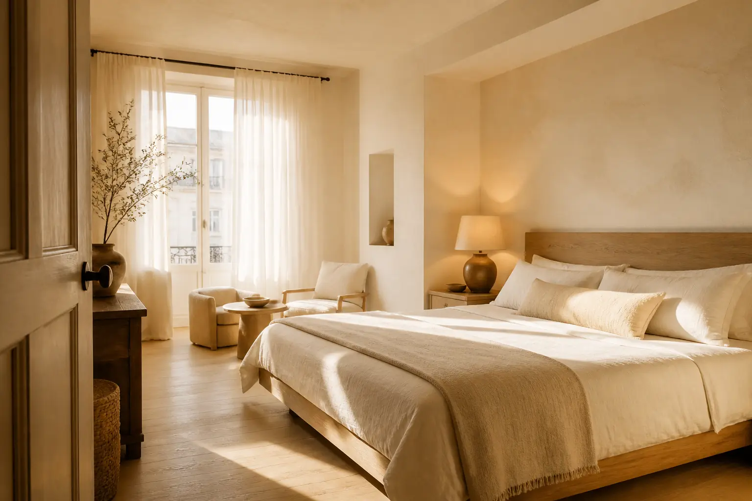 Suite at dusk seen from the doorway, a low walnut bed and a lit bronze lamp