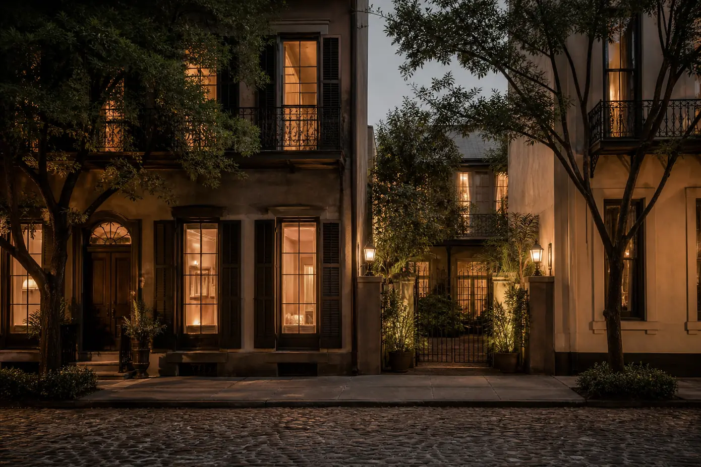 Restored townhouse hotel at dusk seen across a cobbled street
