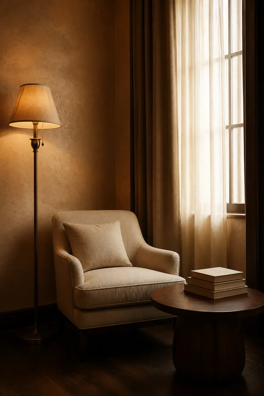 Small lounge with a bronze floor lamp, a linen armchair and a stack of books
