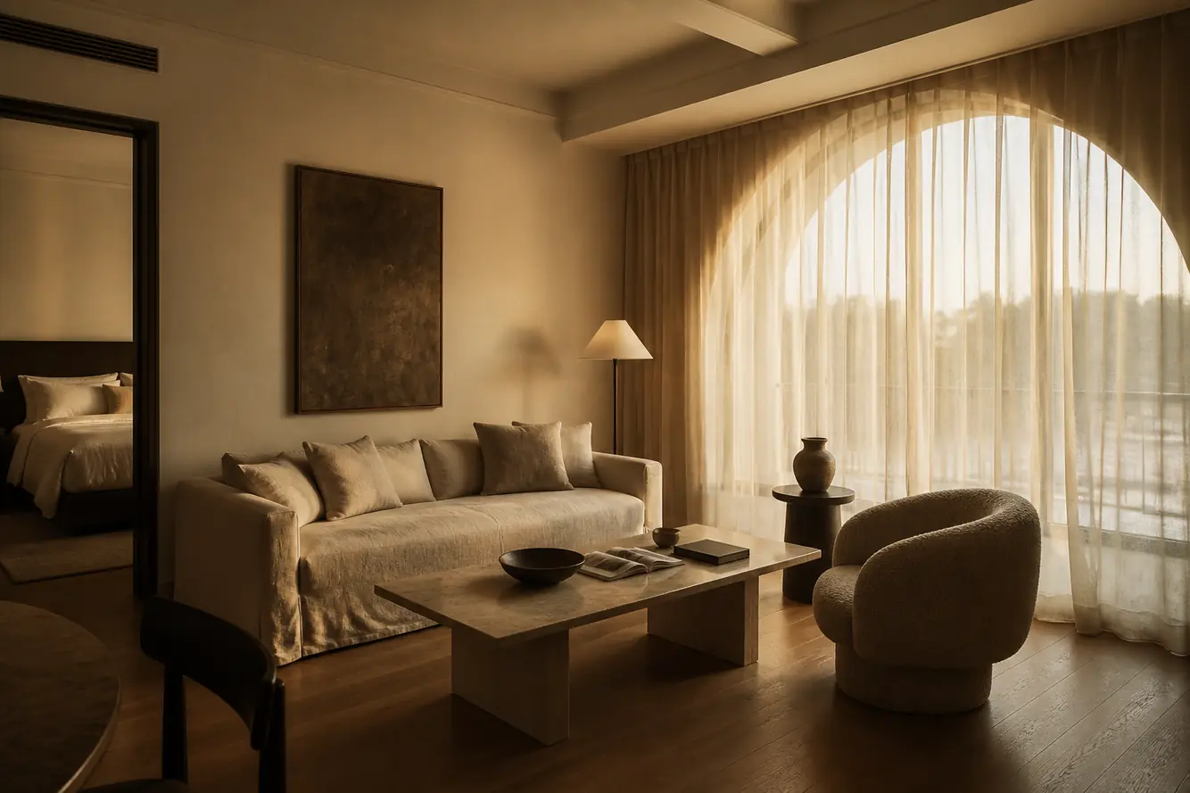 Suite living area with a linen sofa and an arched window