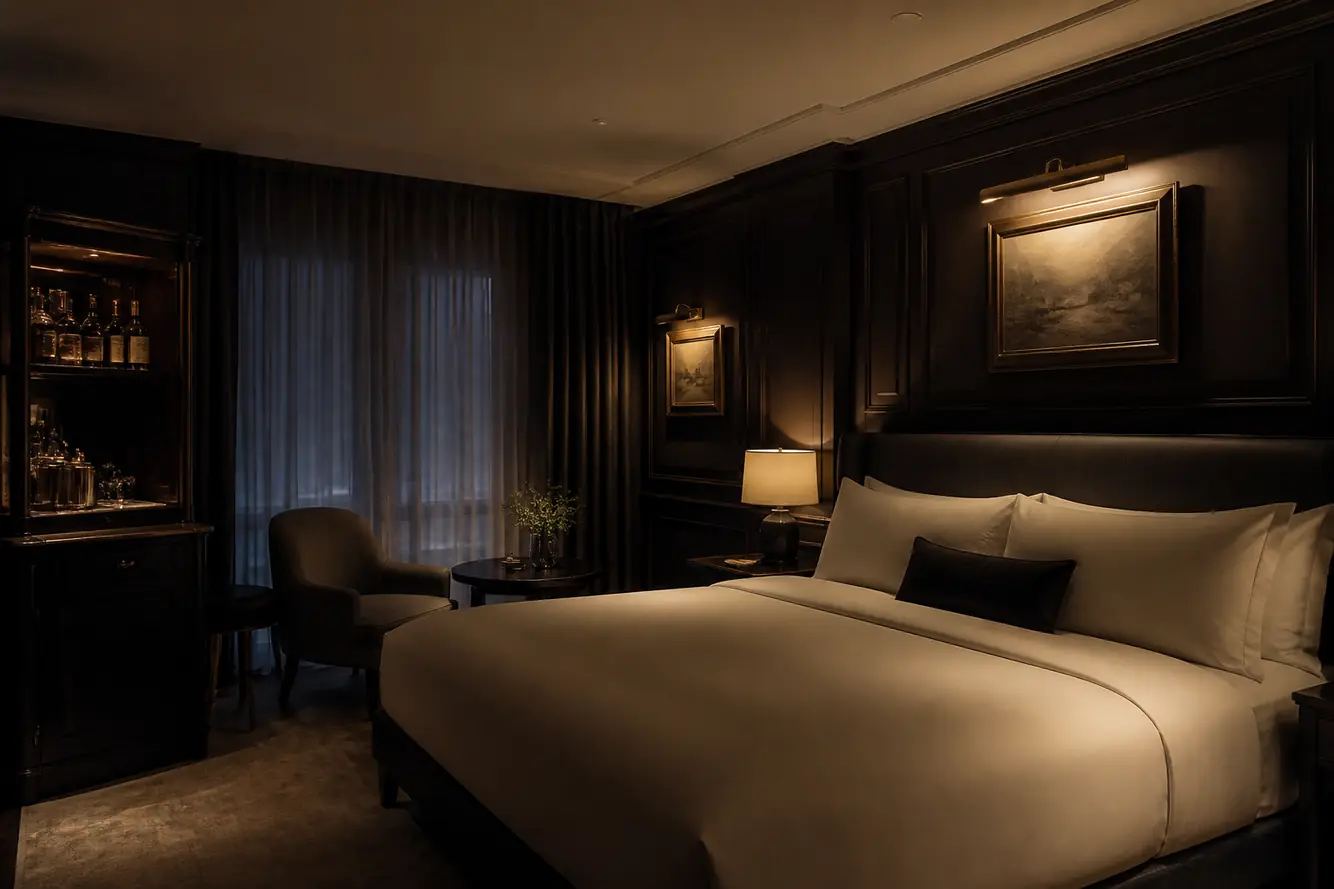 Dark panelled king room with brass picture lights