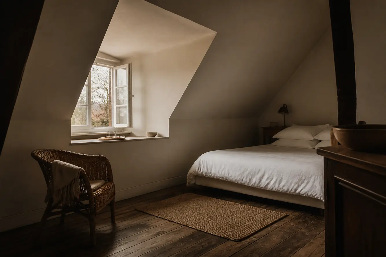 Attic room with a dormer window and a low bed