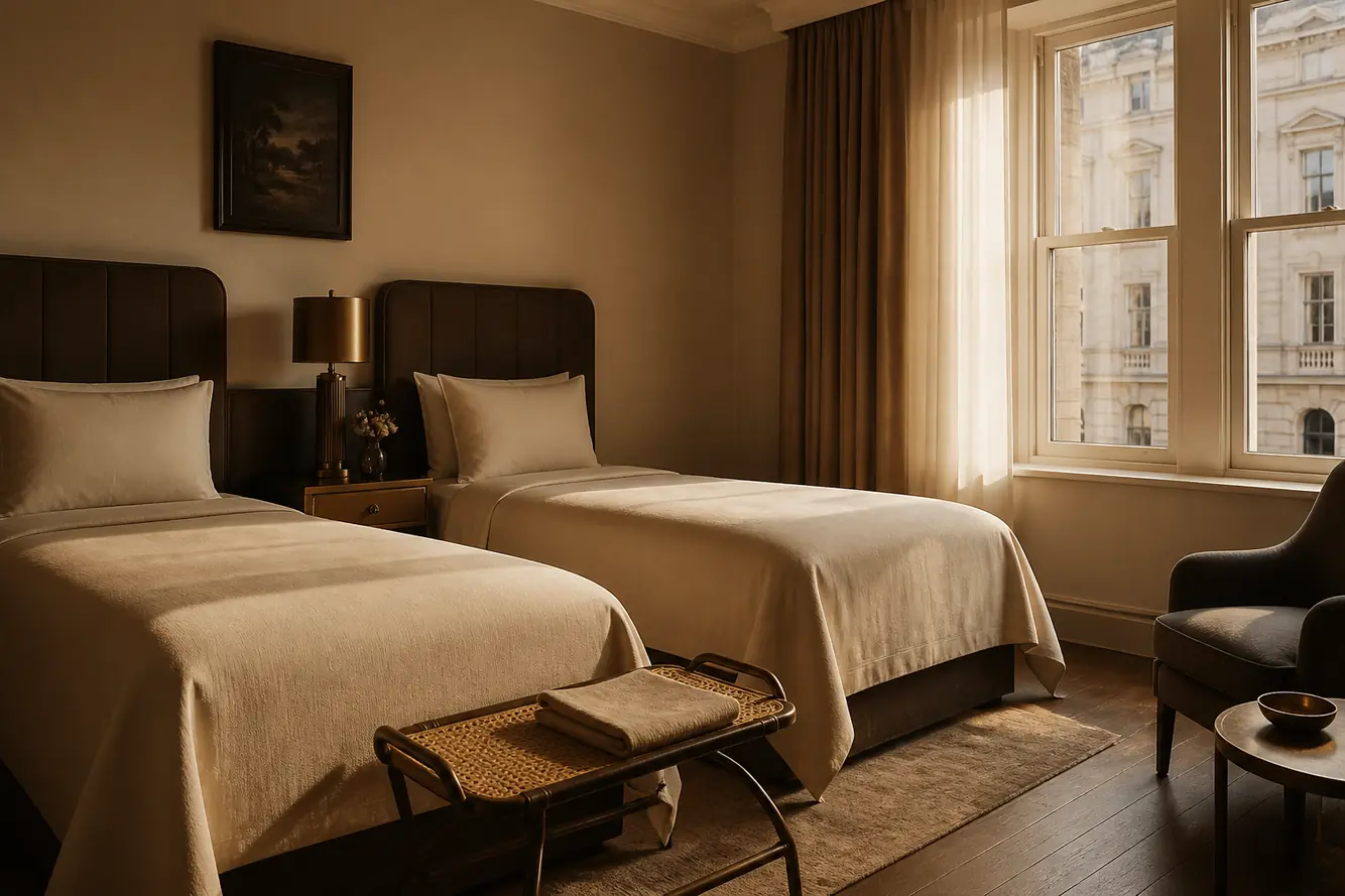 Twin room with two made beds and a sash window