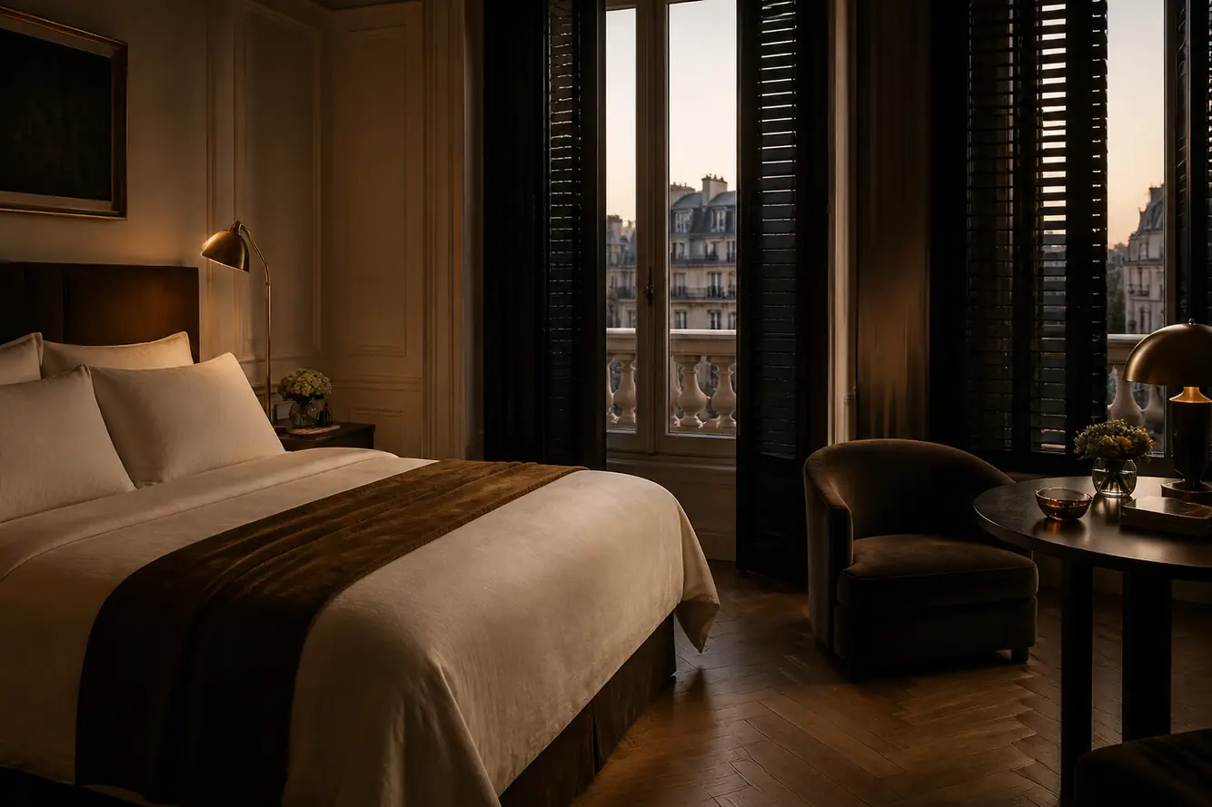 Corner suite with shuttered windows and a club chair