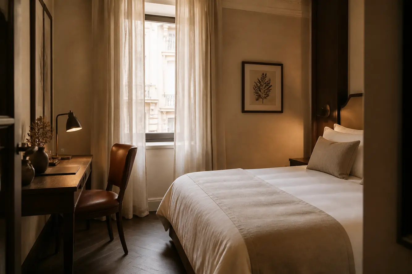 Compact double room with a walnut desk and linen curtains