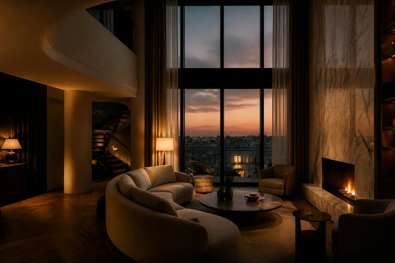 Top floor living room with a rooftop view at dusk