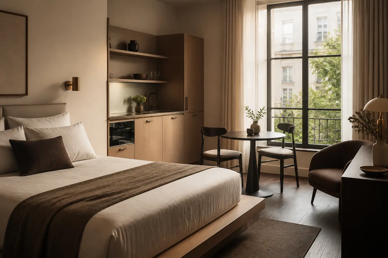 Bright studio room with a small kitchenette and bistro table