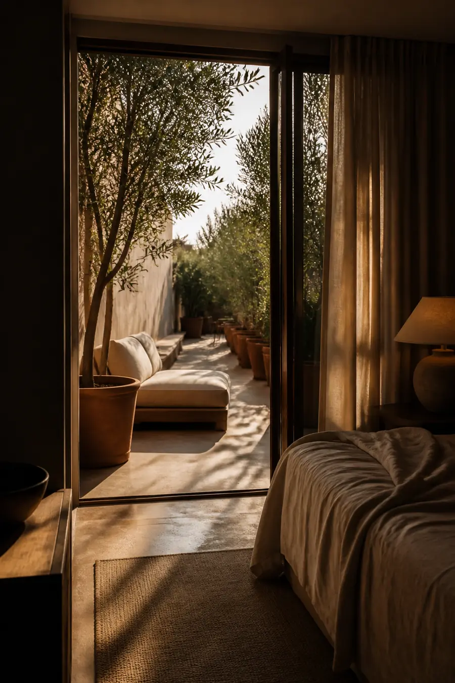 Guest room doors slid back onto a planted terrace in late afternoon sun