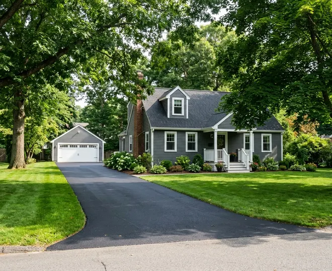 Sealed driveway running from the street to a detached garage
