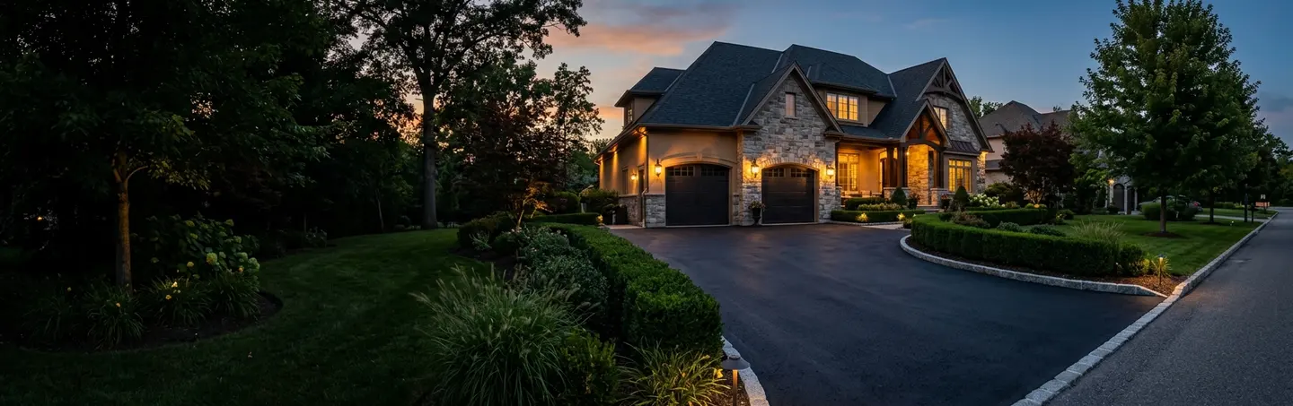 Dusk view of a suburban home with a freshly sealed driveway