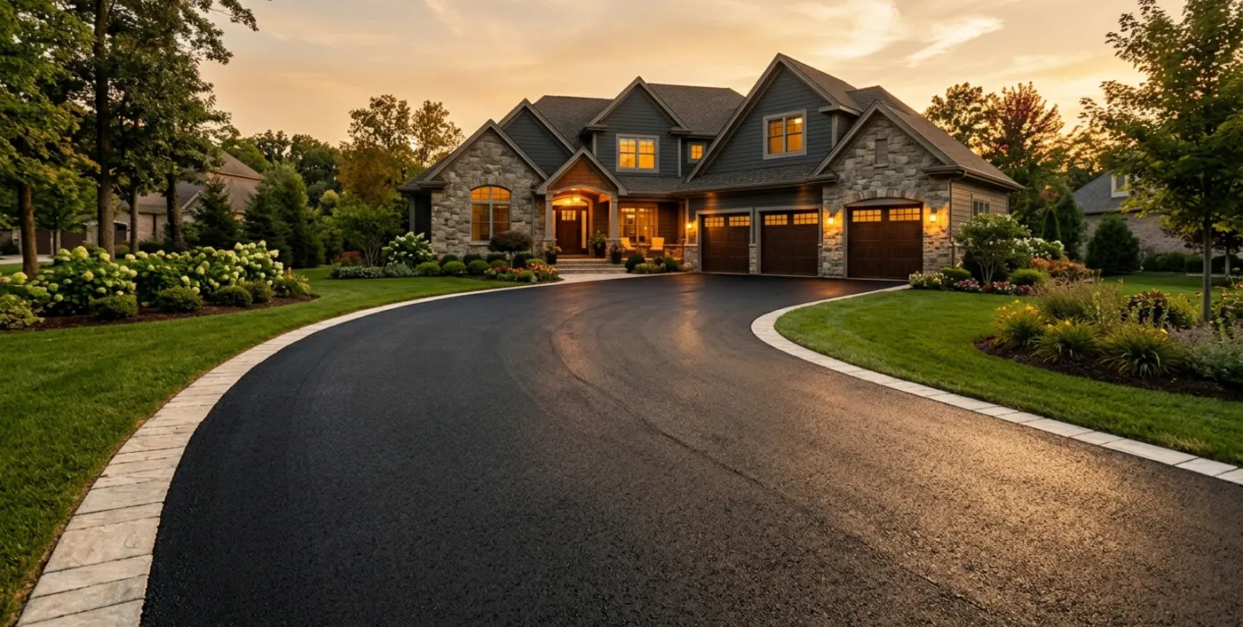 Freshly sealed asphalt driveway curving toward a stone home at dusk