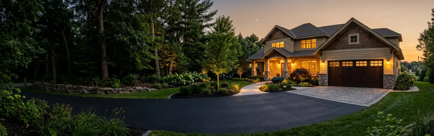 Twilight view of a craftsman home with a new asphalt driveway