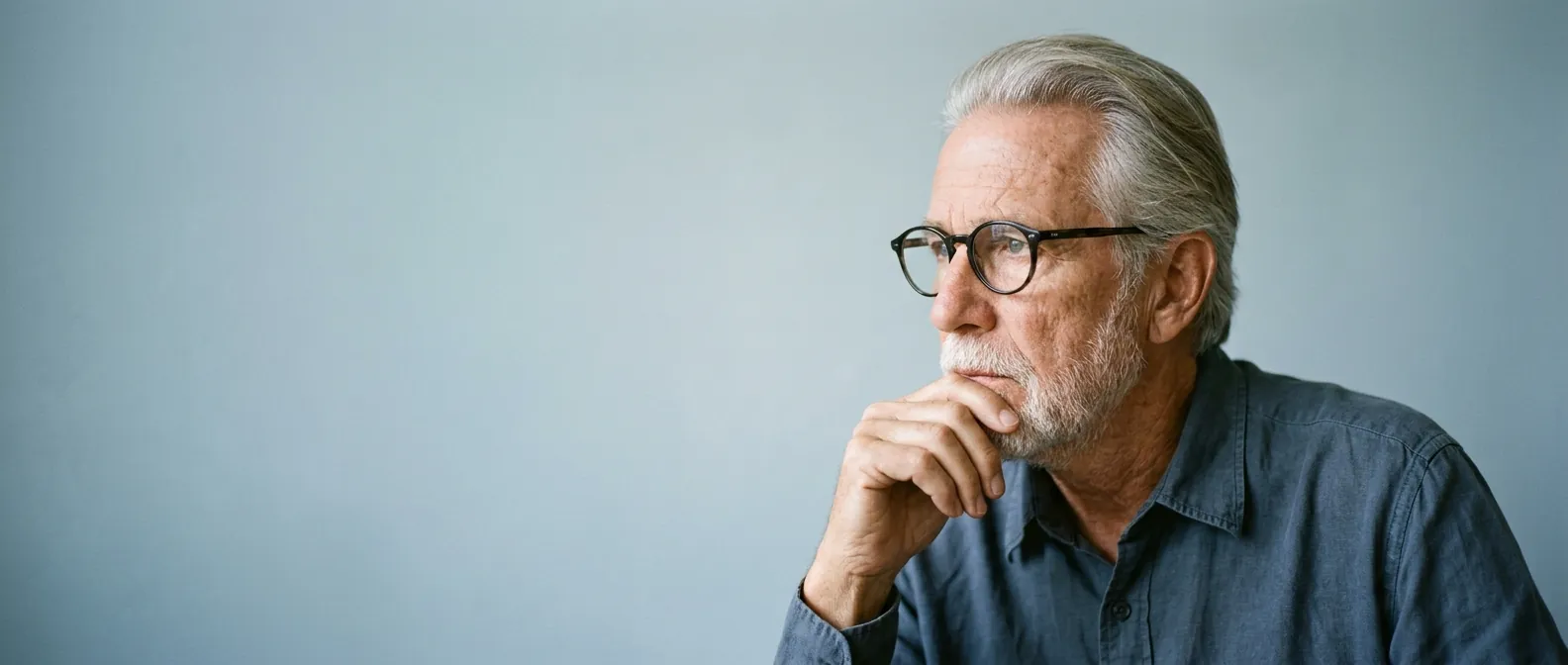 A thoughtful older man by a window