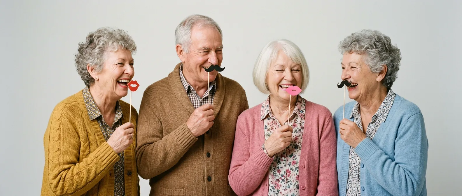 Four smiling residents holding playful paper props