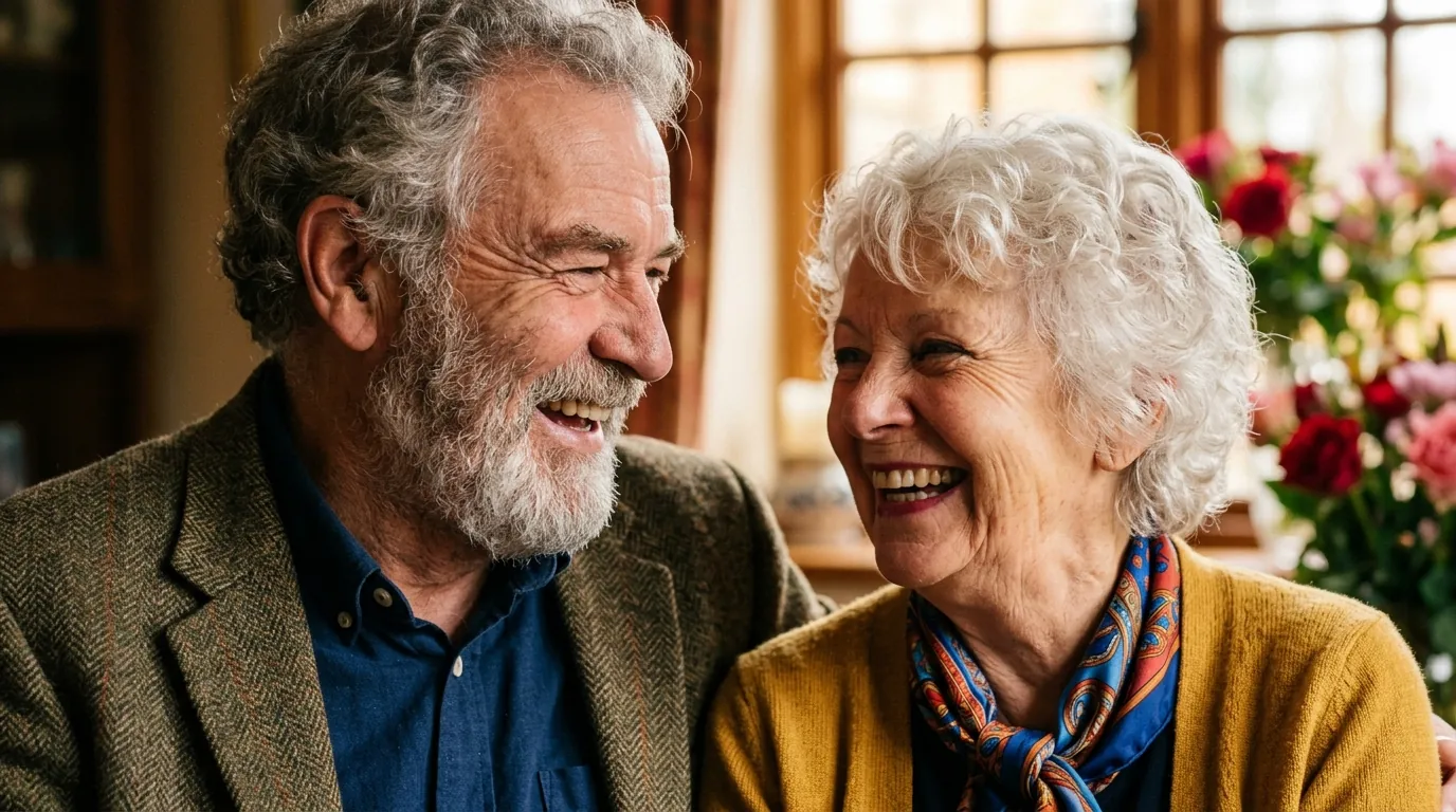An older couple laughing together by a sunny window