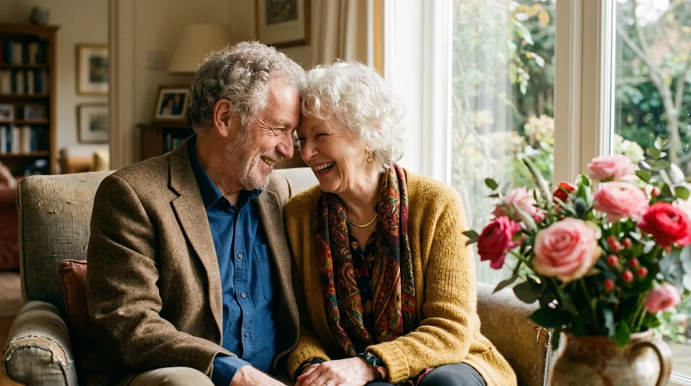 An older couple sharing a laugh in a sunlit living room