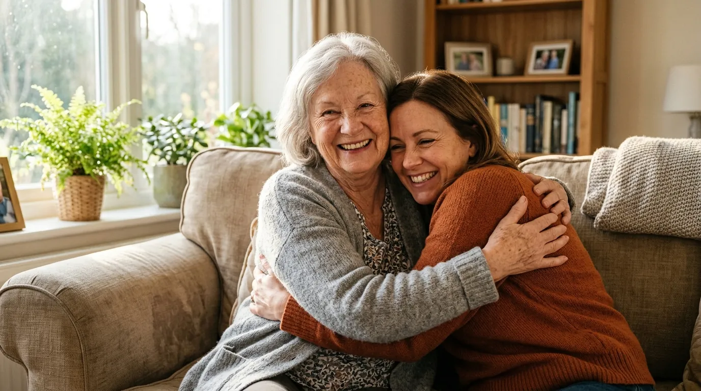 An adult daughter hugging her smiling mother on a sofa
