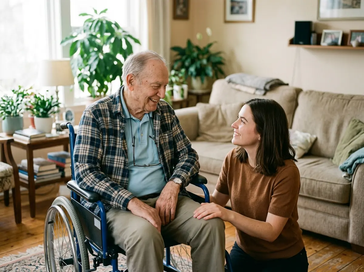 A caregiver kneeling beside an older man in a wheelchair, both smiling