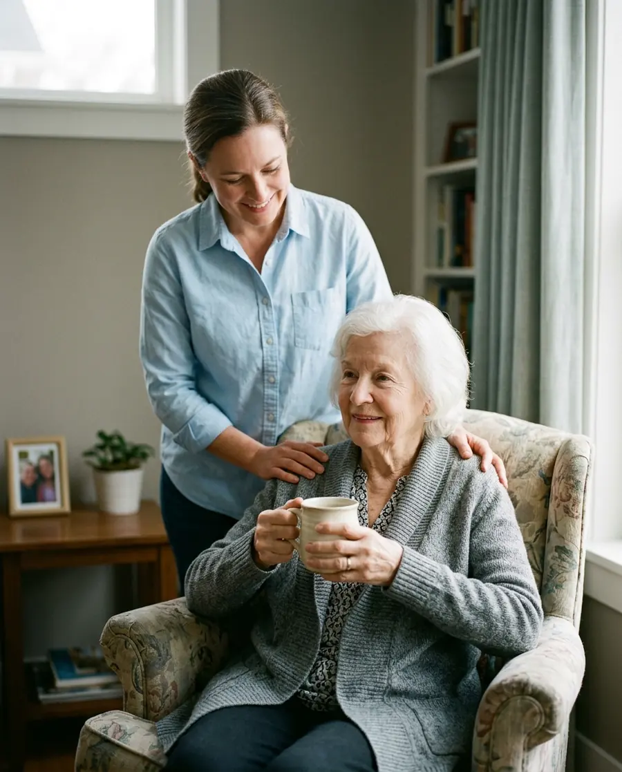 A caregiver standing behind an older woman holding a mug